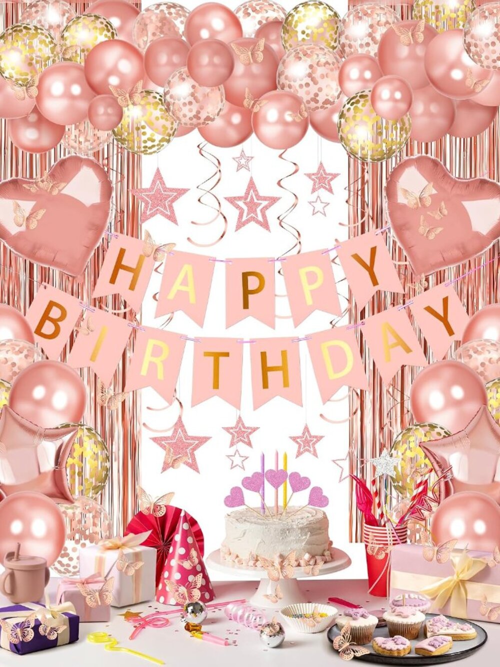 Rose Gold Happy Party Decorations with Banner Balloons for Women